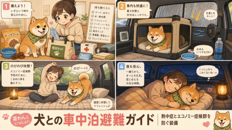 犬との車中泊避難ガイド｜熱中症とエコノミー症候群を防ぐ装備