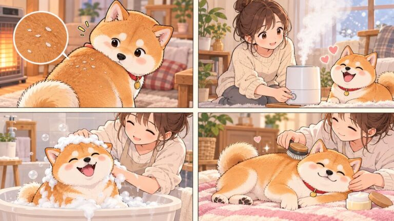 冬の犬の乾燥肌・フケ対策｜暖房シーズンの湿度管理とシャンプー・保湿ケアの見直し方